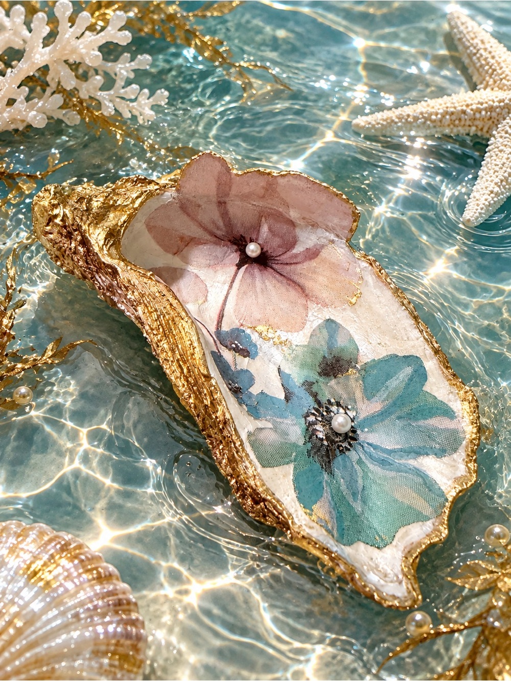 Gold-Trim Floral Oyster Shell Decorative Tray - Blue & Pink